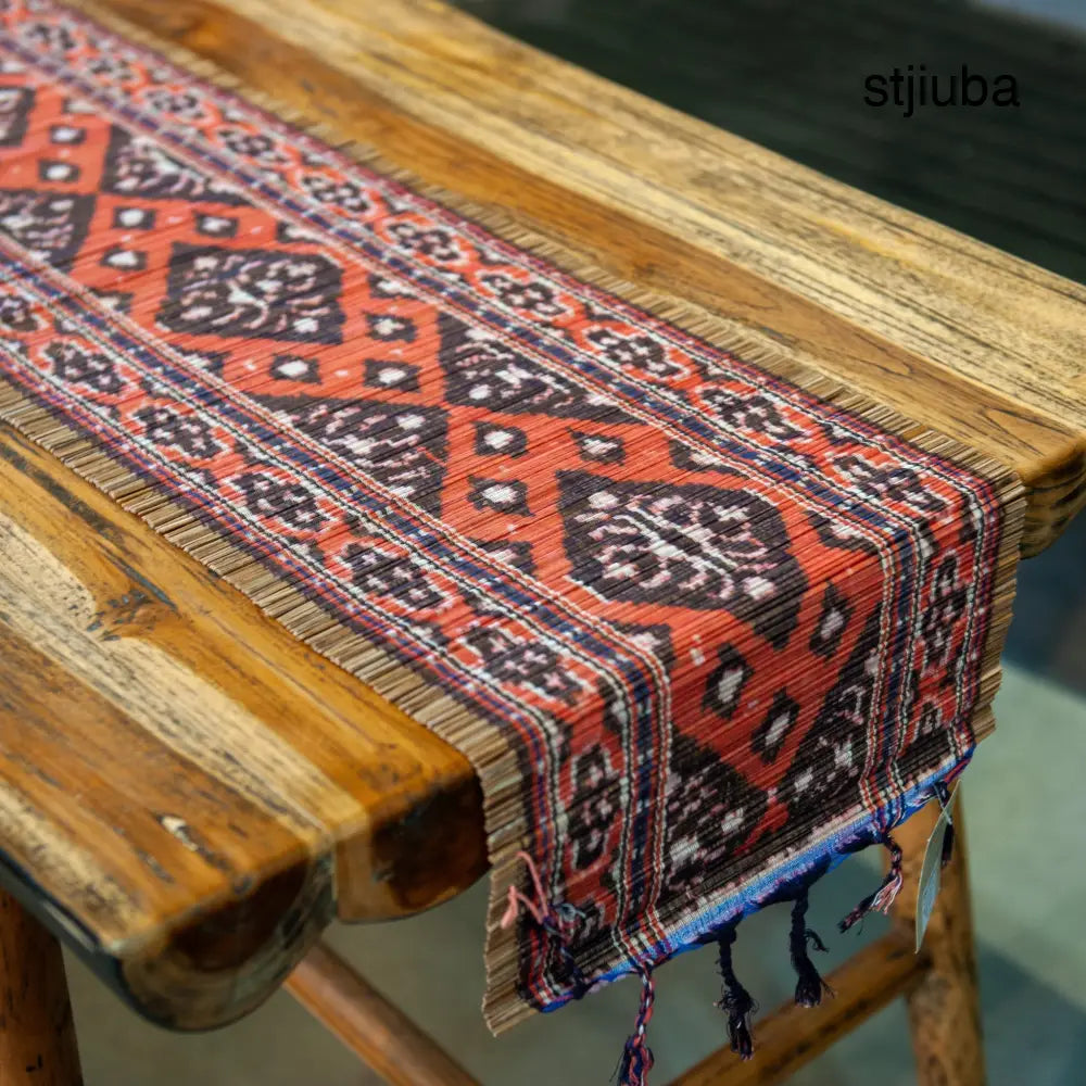 Ikat Weave on Bamboo Table Runner - Red - Living